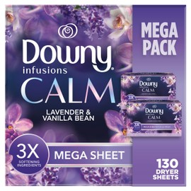Downy CALM, Mega Dryer Sheets, Laundry Fabric Softener, Lavender and Vanilla Bean, 130 Count
