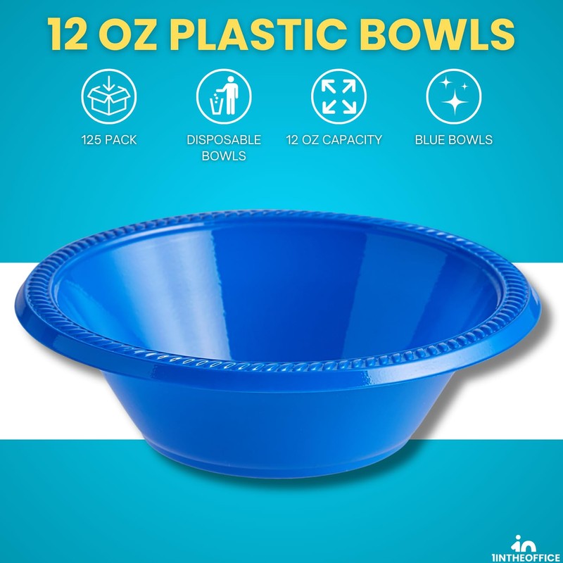 1InTheHome Blue Plastic Bowls 12 Oz, Disposable Party Bowls -