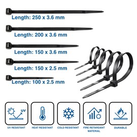 Hashtnagar Cable Ties Black Plastic, Pack of 500 Nylon PA66 Zip Ties for Home Office Garden PC Garage Workshop, Multi-Pack Tie Wraps 100/150/200/250 mm