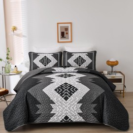 Dintszyayue Twin Size Quilt Set,2 Piece Black Boho Aztec Texture Bedspread Coverlet Set Reversiber Lightweight Bedding Set Geometric Bohemian Bed Cover with 1 Pillowcases(Black,68"x86")