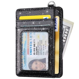 Slim Front Pocket Wallet RFID ID Card Holder Cute Small Wallet with Keychian for Women, Glitter Black, Slim