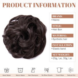 Hairro Messy Hair Bun Extensions Hair Piece Curly Wavy Scrunchies Synthetic Chignon with Elastic Rubber Band Ponytail Hairpiece for Women Hair Updo Donut for New Year Birthday Party #4 Dark Brown 25g/pc 2pcs