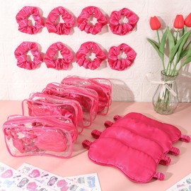YLOLUL 32 Pcs Sleepover Party Supplies Makeup Party Party Favor with Hair Scrunchies Clear Cosmetic Bags Eye Masks Sleepover Party Temporary Tattoos for Slumber Party Spa Party Favors Gift (Red, 16)
