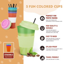 16oz Thermochromic Color Changing Cups with Lids & Straws (5-Pack) - BPA-Free Reusable Plastic Tumblers for Hot & Cold Drinks, Dishwasher Safe, Leakproof Travel Cups for Adults, Kids, Parties, Camping