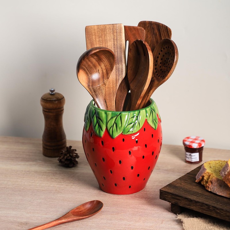 Bicuzat Strawberry Shaped Ceramic Kitchen Utensil Holder, Large Cooking Utensil