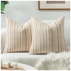 Zealax Neutral Throw Pillow Decorative Farmhouse Pillow Covers for Couch Bed Living Room, Cotton Textured Cushion Cover Striped Pillowcases Set of 2, 24x24 Inch, Latte