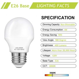 WELLHOME 40W Equivalent Light Bulb,4W Led Bulbs 5000K Daylight,A15 LED Lights E26 Base,Ceiling Fan Light Bulb,120V 40w Appliance Bulb,Non-Dimmable,6 Pack