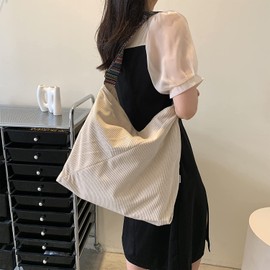 MULTIONS Corduroy Crossbody Tote Bag for Women, Casual Shoulder Tote Bag Big Capacity Shopping Crossbody Bag (XL,Beige)