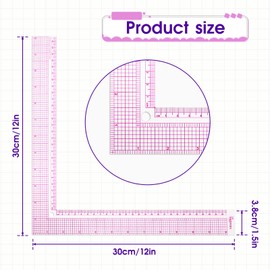 12 Inch Clear Sewing Rule, Plastic L-Square Sewing Ruler with Clear Scale, Framing Measuring Tool Supplies for Pattern Making Fabric Sewing French Curve Sewing Craft Tool with Grid Lines（Pink）