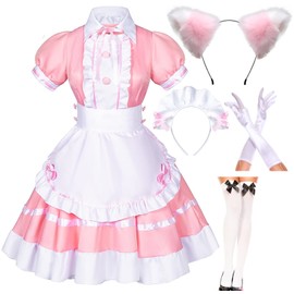 Japanese Anime Sissy Maid Dress Cosplay Sweet Classic Fancy Apron Socks Gloves Faux Fur Cat Furry Headwear Set Pink(M)