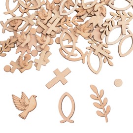 URROMA Table Wooden Confetti, 200Pcs Wood Fish Crosses Branch Dotted Dove Baptisms Theme Party Decors First Communion Baby Shower Birthday Wedding Decor