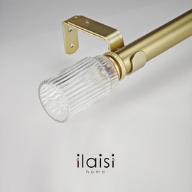 ILAISIHOME 1-1/8 Inch Diameter Gold Curtain Rods with Ribbed Glass Finial, 72-144 inch Telescoping Single Curtain Rods for window width 68-140 inch, 1 pack