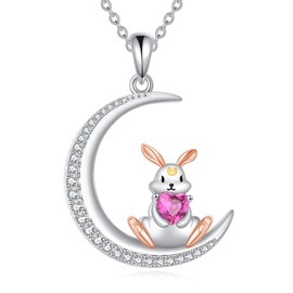 YONFQE Bunny Necklace 925 Sterling Silver Rabbit Pendant Moon Jewelry Easter Gift for Women