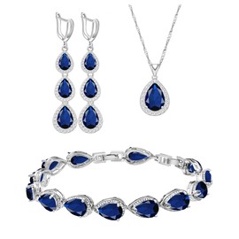 LMXXVJ - Juego de collar y aretes largos, chapado en oro blanco, juego de joyas de zafiro azul creado para boda, fiesta, regalo para mujeres y damas de honor, Cobre, Zafiro sintético