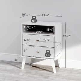 Prepac Milo Mid-Century Modern 2 Drawer Nightstand With Open Shelf, 16"D x 22.5"W x 29.5"H, White