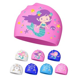 BelleVive Swimming Cap Girls Kids PU-coated Waterproof Swimming Cap for Girls Long Hair Children, Mermaid Pattern Waterproof Cap with Nose Clip