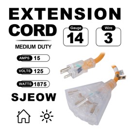 EP 15 Ft 14/3 SJEOW Heavy Duty Outdoor Extension Cord, Yellow 3-Outlet Power Cable with LED Lighted Plug, Water-Resistant for Indoor/Outdoor Use, Lawn, Garden, Appliances & Tools