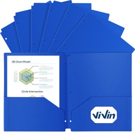 ViVin Plastic 3-Hole Punched Pocket Folder, Durable Poly Portfolio with 2 Pockets and 3 Holes, Pack of 12, Business Card Slot, fits Letter Size Sheets, for Kids, Student, Teachers and Officers (Blue)