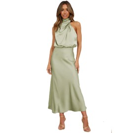 Plustrong Women‘s Summer Satin Dress Sleeveless Mock Neck Formal Cocktail Party Wedding Guest Maxi Dresses (Tender Green,L)