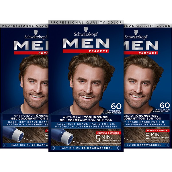 Men Perfect Schwarzkopf 60 Hair Dye Medium Brown High-Quality Hair Colour Against Grey Hair Pack of 3 x 80 ml