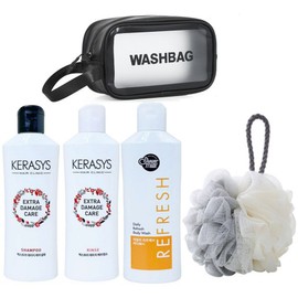 Kerasis 5-Piece Travel Toiletry Set All-in-One Portable Travel Kit (Shampoo + Conditioner + Body Wash + Shower Puff) Business Trip & Camping Essentials, 1 Set / 여행용 세면도구 5종 세트 올인원 휴대용 트래블키트(샴푸+린스+바디워시+샤워볼) 출장 캠핑 필수품, 1세트