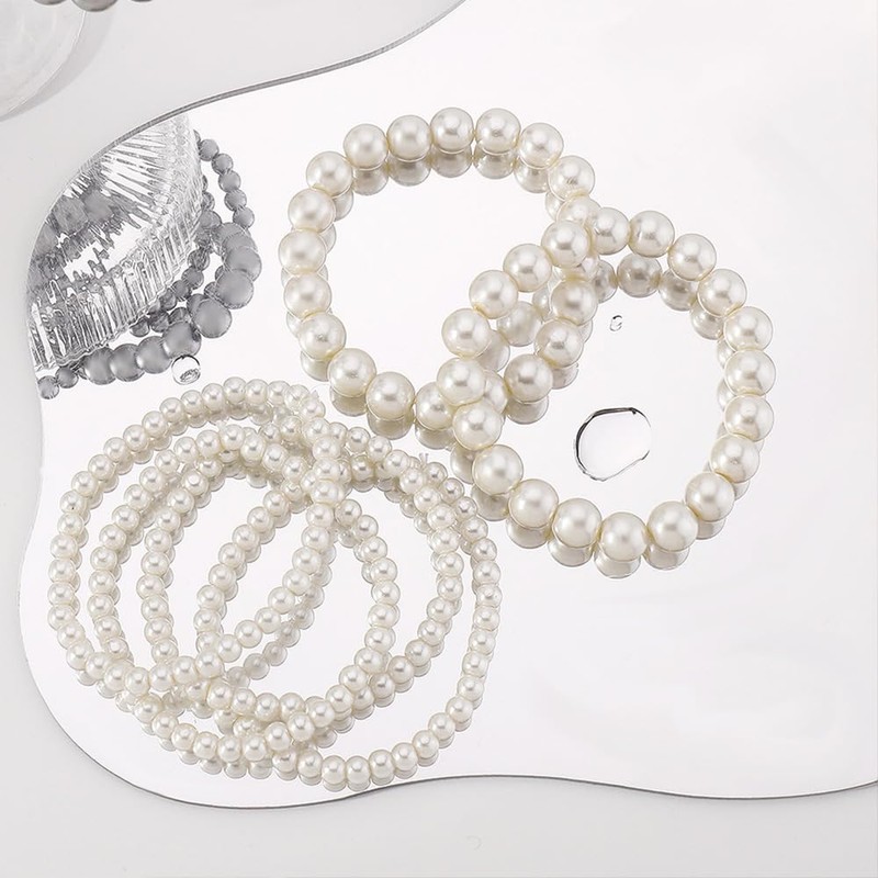 AllJunction 6pcs Multilayer Faux White Pearl Stretch Bracelets Set for