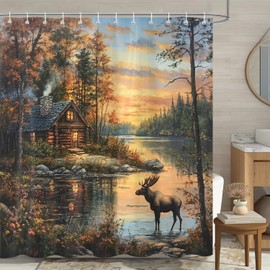 Sokdcam Rustic Cabin Shower Curtain, Country Lodge Forest Deer Moose Wildlife Lake Farmhouse Shower Curtain for Bathroom Set, Hunting Camping Adventure Polyester Fabric Bath Curtains 72x72inch