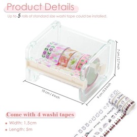 LEMEOSO Washi Tape Dispenser 4 Pack Stackable Desktop Roll Tape Cutter Office Acrylic Tape Holder with 4 Pieces Cute Washi Tapes (Beige)
