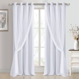 DWCN White Blackout Curtains with Sheer Overlay Thermal Insulated Mix & Match Double Layer Window Panels for Bedroom Living Room Drape Sewn with Tiebacks Grommet Top 52" Wx108 Lx2