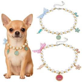 MAYJOYDIY 2Pcs 2 Styles Pet Pearl costumeheadwear 10.43 inch Dog or Cat Pearl Necklace with Alloy Enamel Lightning Bolt/Sakura Flower/Bowknot Charm Pendant for Pet Puppy Kitten Party Wedding Birthday