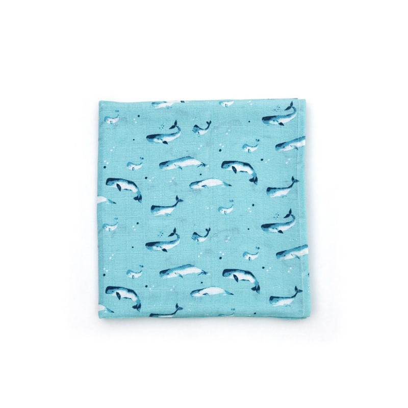 Organic Cotton Muslin Swaddle - Watercolour Whales Aquatic Blue