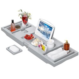 Bathtub Tray Caddy, Expandable Bath Trays for Tub, Bamboo Shelf & Table with Wine Glass Holder,Bathroom Accessories for New Home & Mothers Day & Birthday Gifts for Mom,Gray