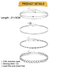 Finrezio 3-4 PCS Stainless Steel Chain Anklet for Women Dainty Boho Tennis Ankle Bracelets Set Layered Link Paperclip Chain Anklet Adjustable Summer Beach Foot Jewelry