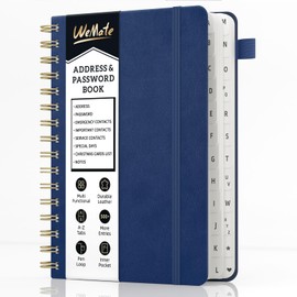 WEMATE Spiral Address Book with Alphabetical Tabs, Leather Password Book, Address Organizer Telephone Notebook Journal Keep Contact Safe Hardcover Large Print for Seniors Home Office 5.8″×8.2″, Blue