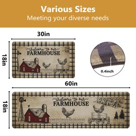 CHICNOOK Farmhouse Kitchen Rugs Anti Fatigue 2 Piece,Washable Non-Skid Kitchen Mat,Farmhouse Rooster Kitchen Floor Mat，PVC Cushioned Kitchen Floor Mats, Size 18 * 30+18 * 60 in