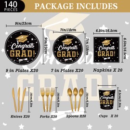 140PCS Graduation Party Supplies Congrats Grad Plates and Napkins Graduation Party Decorations Black Gold Disposable Tableware Set Congrats Grad Party Paper Plates, Serve 20 Guest