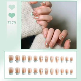 Press on Nails Square Medium Length Glossy Full Cover Acrylic Square Shaped Green French False Nails with Star Rhinestone Designs Artificial Short Coffin Fake Nails with Glue ons Fingernails for Women