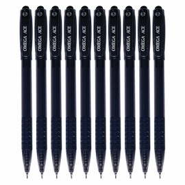 OMEGA Ace Retractable Ballpoint Pens, BLACK, Fine Point (0.7 mm), Pack of 10, Smooth Ball Pens, Click Mechanism, School Office Home Everyday Use