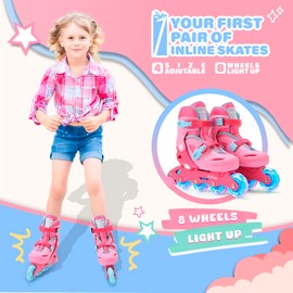 2PM SPORTS Girls Adjustable Illuminating Inline Skates with Light up Wheels, Fun Flashing Beginner Roller Skates for Kids - Red Small