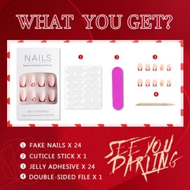 Valentines Day Press On Nails Medium Square, 24Pcs Red Heart Fake Nails French Tips Heart Designs Valentines Day Nail Decoration Accessories False Nails Stick Glue on Nails Kit