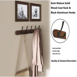 Nolbiph Coat Rack Wall Mount Wooden Hat Rack for Wall Hooks Dark Walnut Real Wood Plank 15.75" Coat Hanger with 4 Dual Hooks for Hanging Coat Hat Jacket