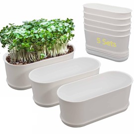 SORANGEUN 5-Pack White Herb Planter Box with Drip Trays, 8.5 Inch Small Oval Window Planters for Kitchen Sill, Indoor Outdoor, Perfect for Basil, Mint, Succulents, Flowers