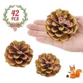Anstore 42 Pine Cones in Gold, 4-6 cm Christmas Pine Cones Decorative Fir Natural Cones with String Christmas Decoration Advent Decoration Pine Cones Hanging Decoration (Gold)