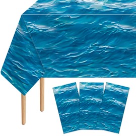 Lianxuia 3Pcs Ocean Waves Plastic Tablecloth, 54 x 108 Inch Blue Water Print Table Cover, Under The Sea Table Cloths for Summer Beach Pool Birthday Party Decorations