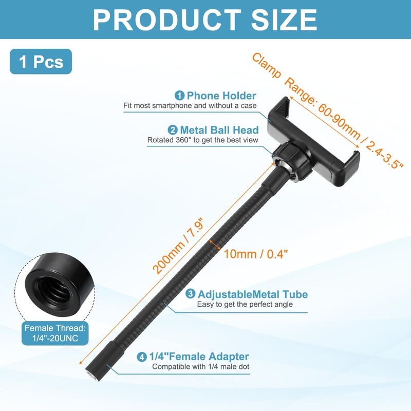 PATIKIL 7.9" Flexible Adjustable Gooseneck with Phone Clip, 1/4" Female