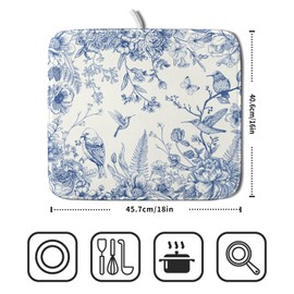 Chinoiserie - Tapete de secado de platos, 16 x 18 pulgadas, color azul y blanco, flores florales, súper absorbente, de microfibra, para mostrador de cocina, cafetería, bar