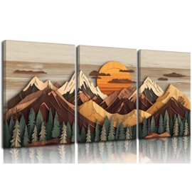 KADEYEE 3pcs Boho Mountain Wall Art Sunrise Pine Tree Forest Nature Scenry Abstract Mountain Wall Art Living Room Bedroom Wall Decor，Wood Texture Canvas Print Pictures Framed Ready To Hang 16x24 Inch