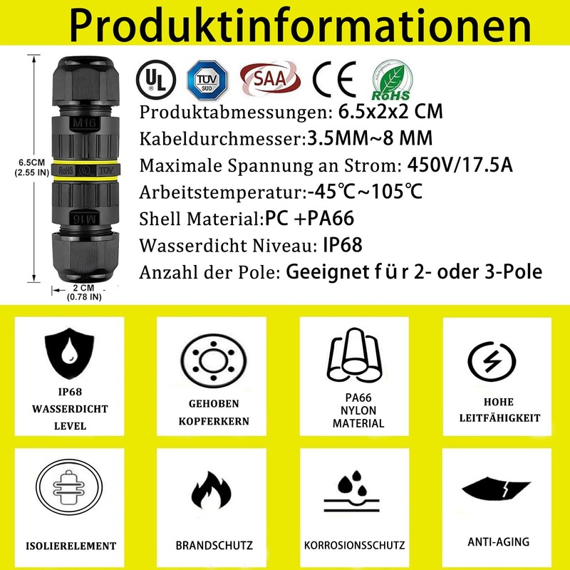 Cable Connector Waterproof, 2 and 3 Wires, Cable Connector Waterproof