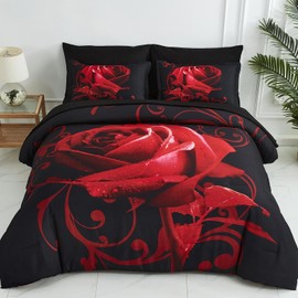 Red Comforter Set King 7 Piece Bed in a Bag Red Rose Flower Comforter with Sheet Set Soft Micorfiber Reversible Bedding Set (1 Comforter,2 Pillow Shams,1 Flat Sheet,1 Fitted Sheet,2 Pillowcases)