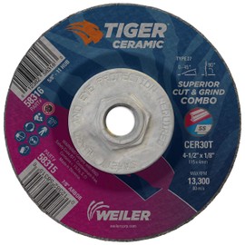 Weiler 58316 4-1/2 x 1/8 Tiger Ceramic Type 27 Cut Off/Grind Combo Wheel CER30T 5/8-11 Nut (Pack of 10)